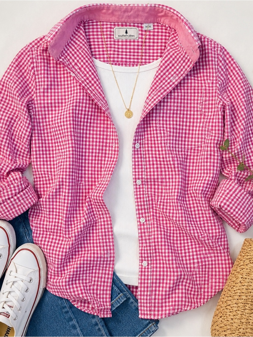 Southern Pines Pink Gingham Button Down Shirt Medium Preppy Coastal Grandma EUC